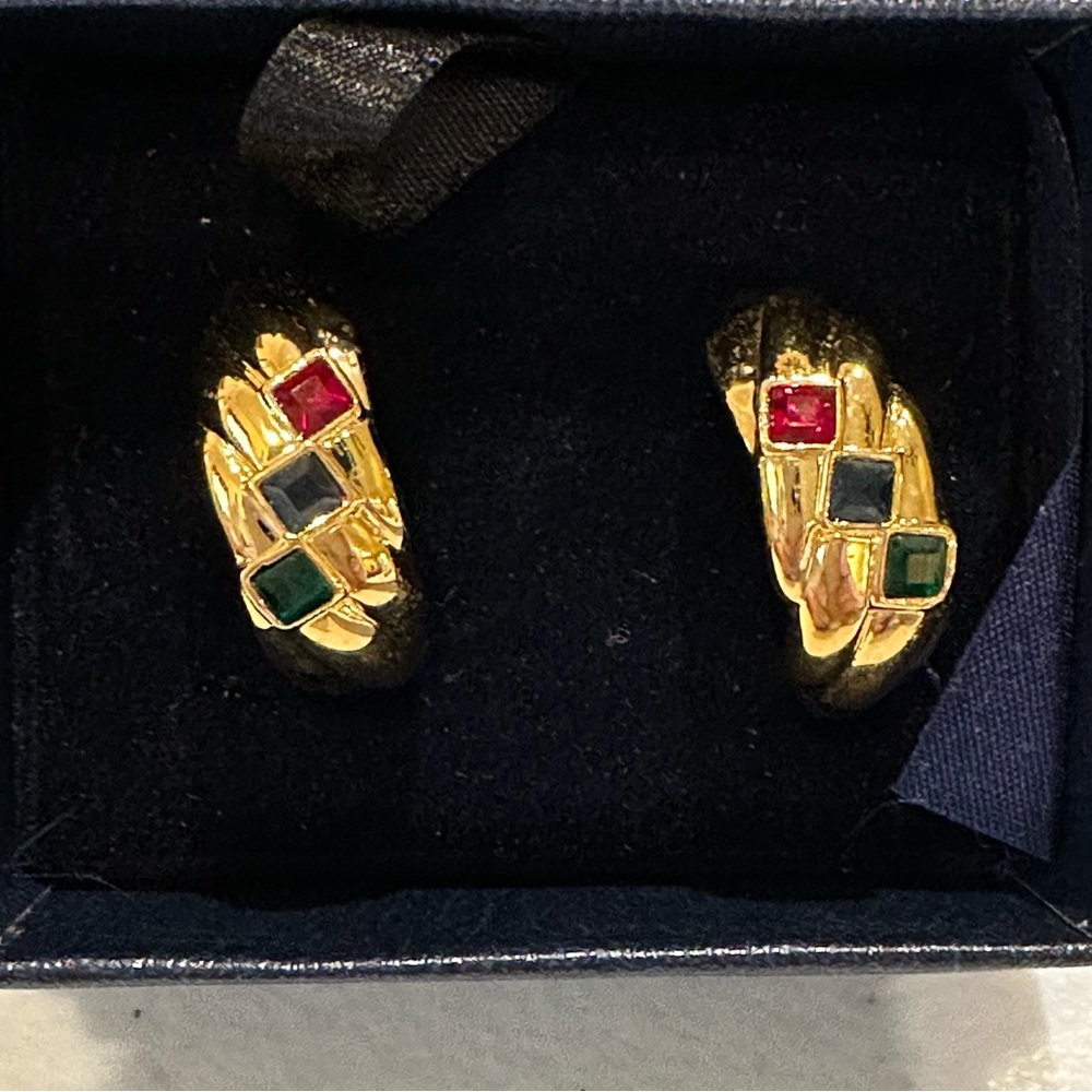 New in Box Personal Accents Earrings- Gold half hoops w/ red, green & blue stone